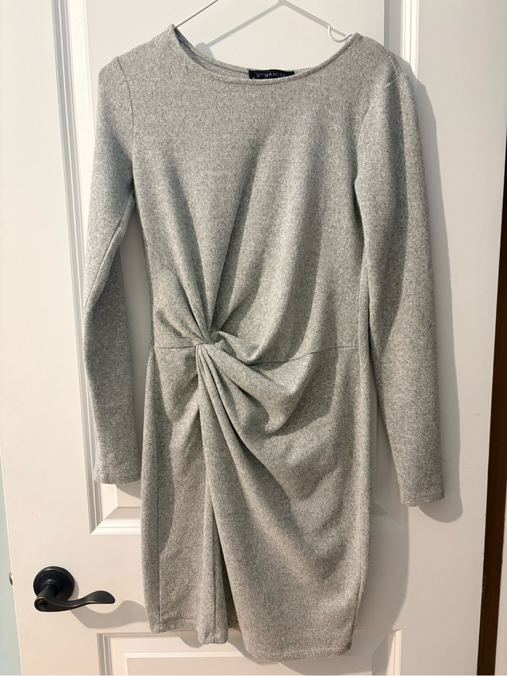 Dynamite Light Gray Twist-Knot Long Sleeve Dress